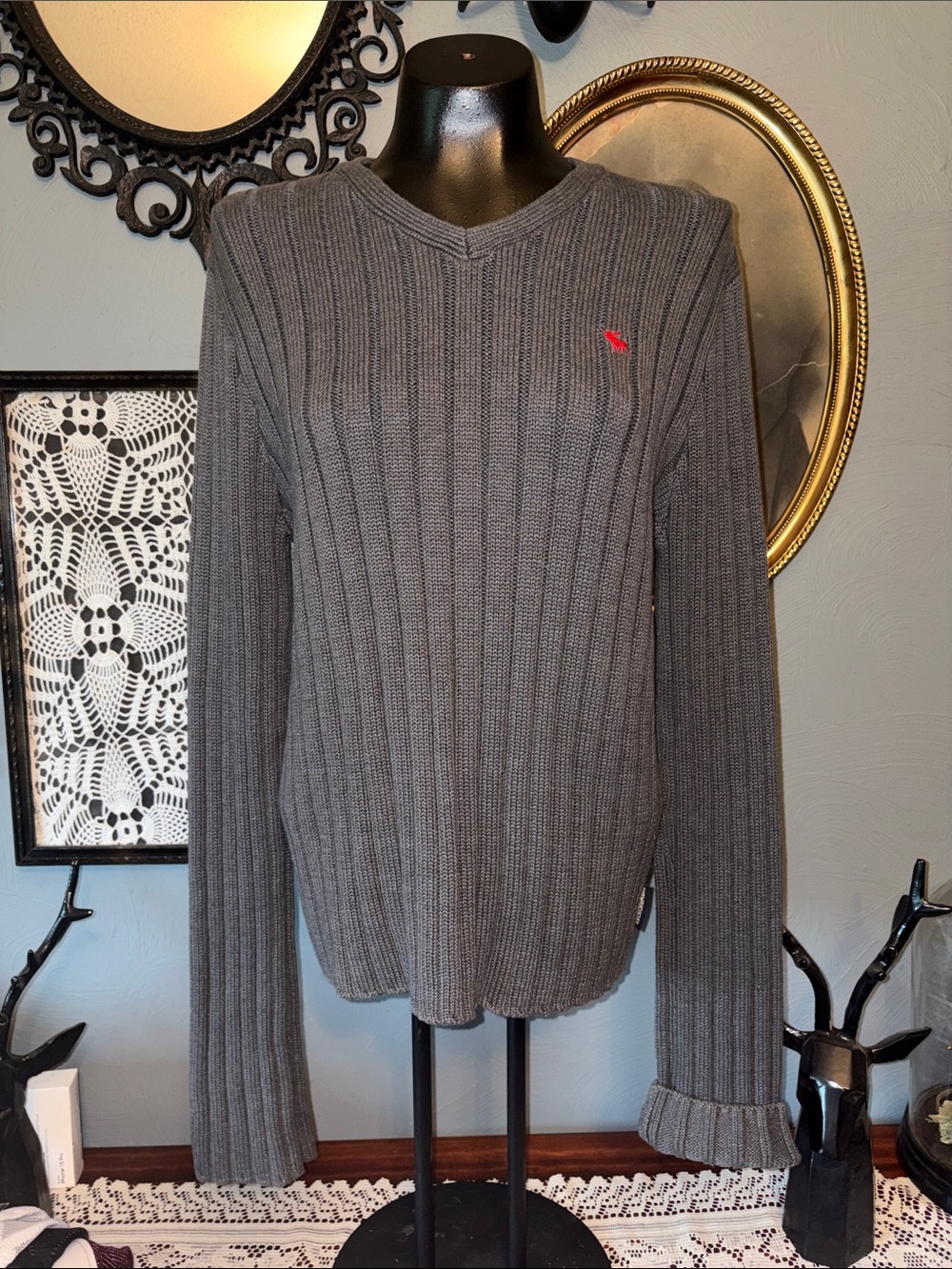 Vintage Abercrombie & Fitch Gray Ribbed V-Neck Sweater with Red Logo